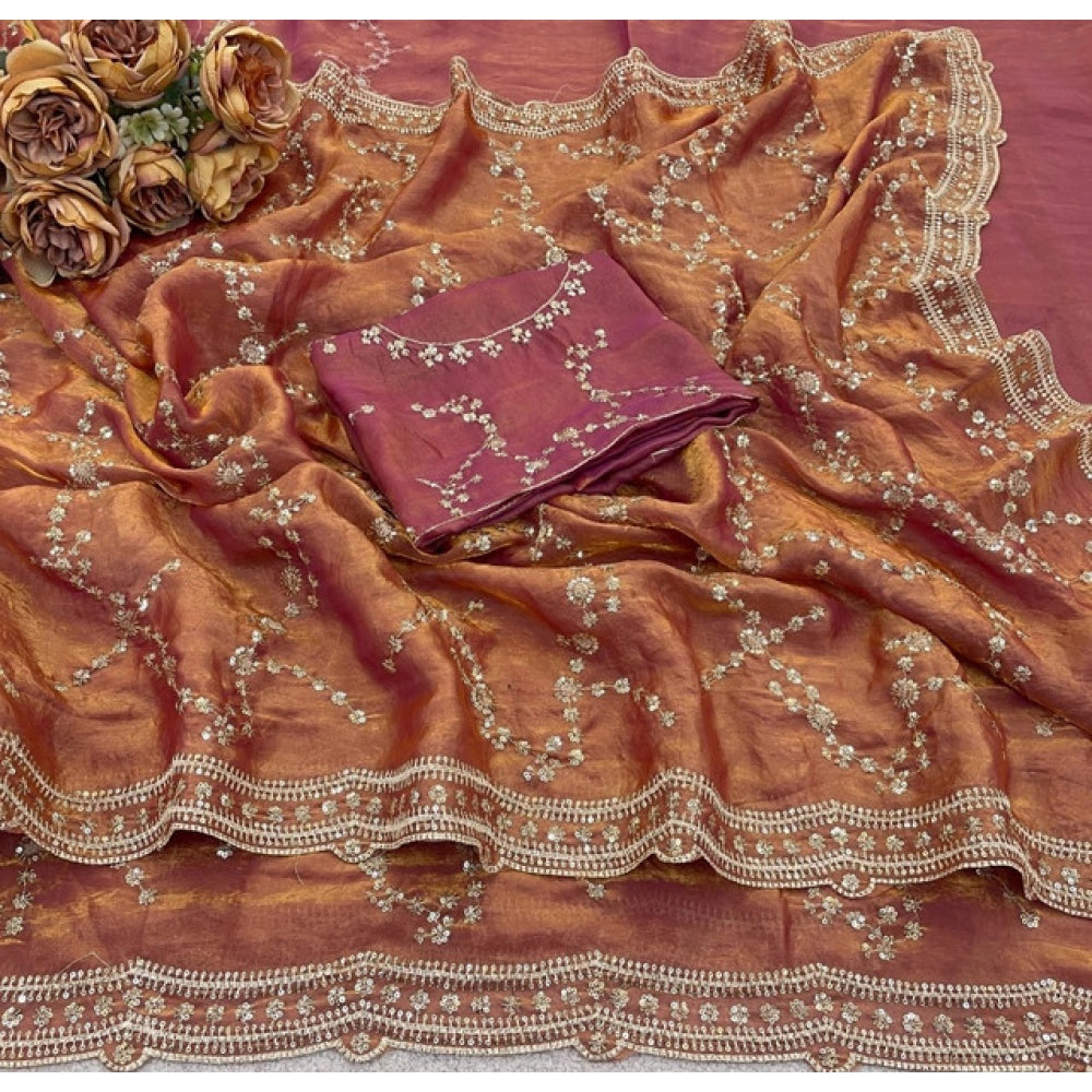 Generic Women's Silk Embellished Saree With Unstitched Blouse 5.5Mtr (Peach)