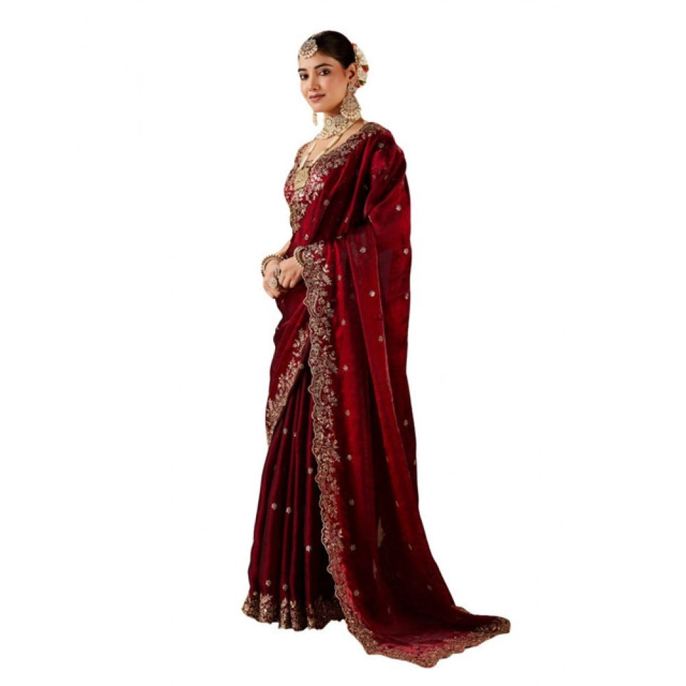 Generic Women's Silk Embroidered Saree With Unstitched Blouse 5.5Mtr (Maroon)
