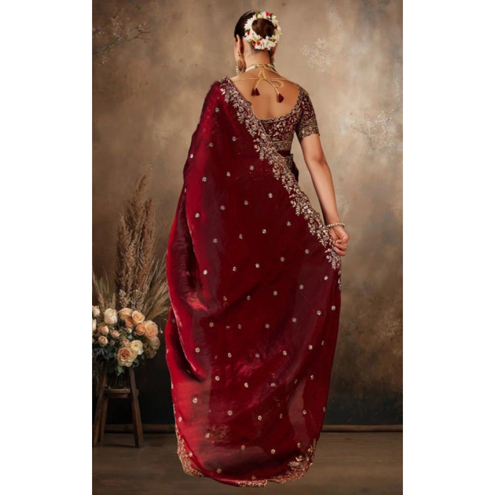 Generic Women's Silk Embroidered Saree With Unstitched Blouse 5.5Mtr (Maroon)