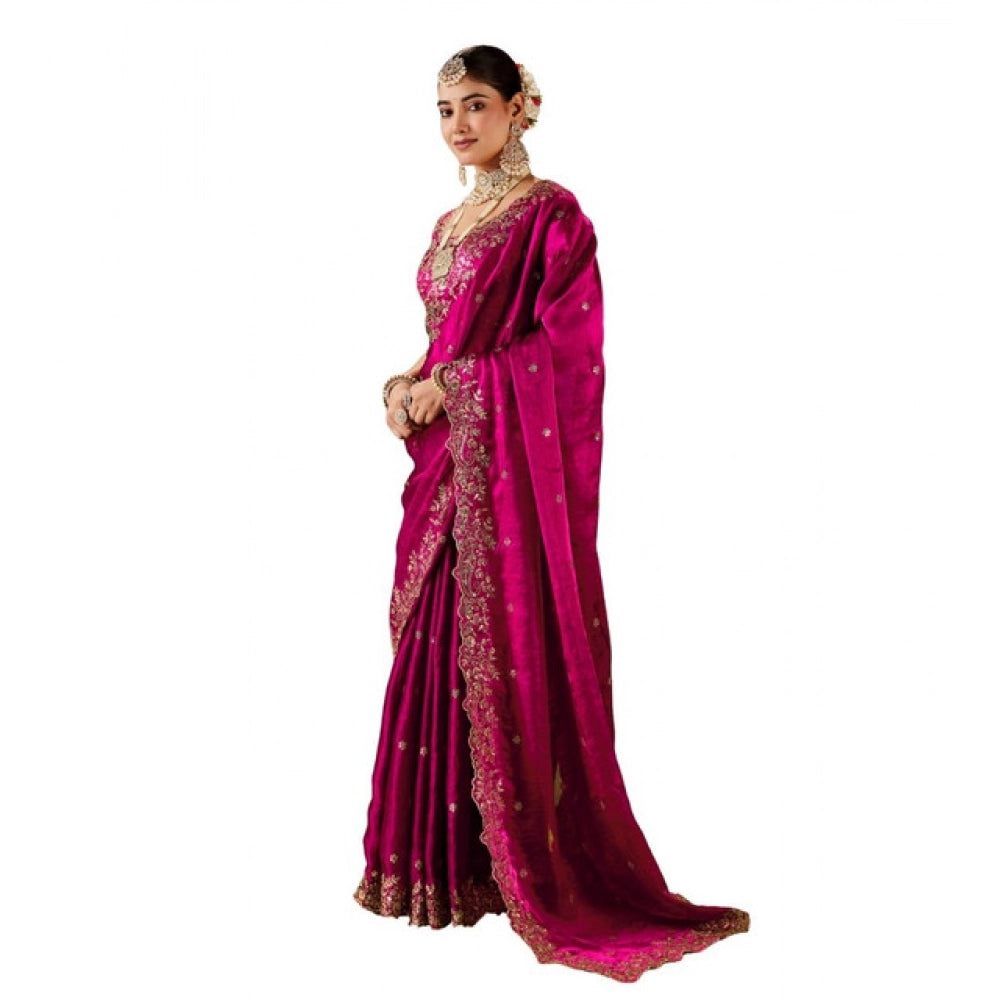 Generic Women's Silk Embroidered Saree With Unstitched Blouse 5.5Mtr (Pink)