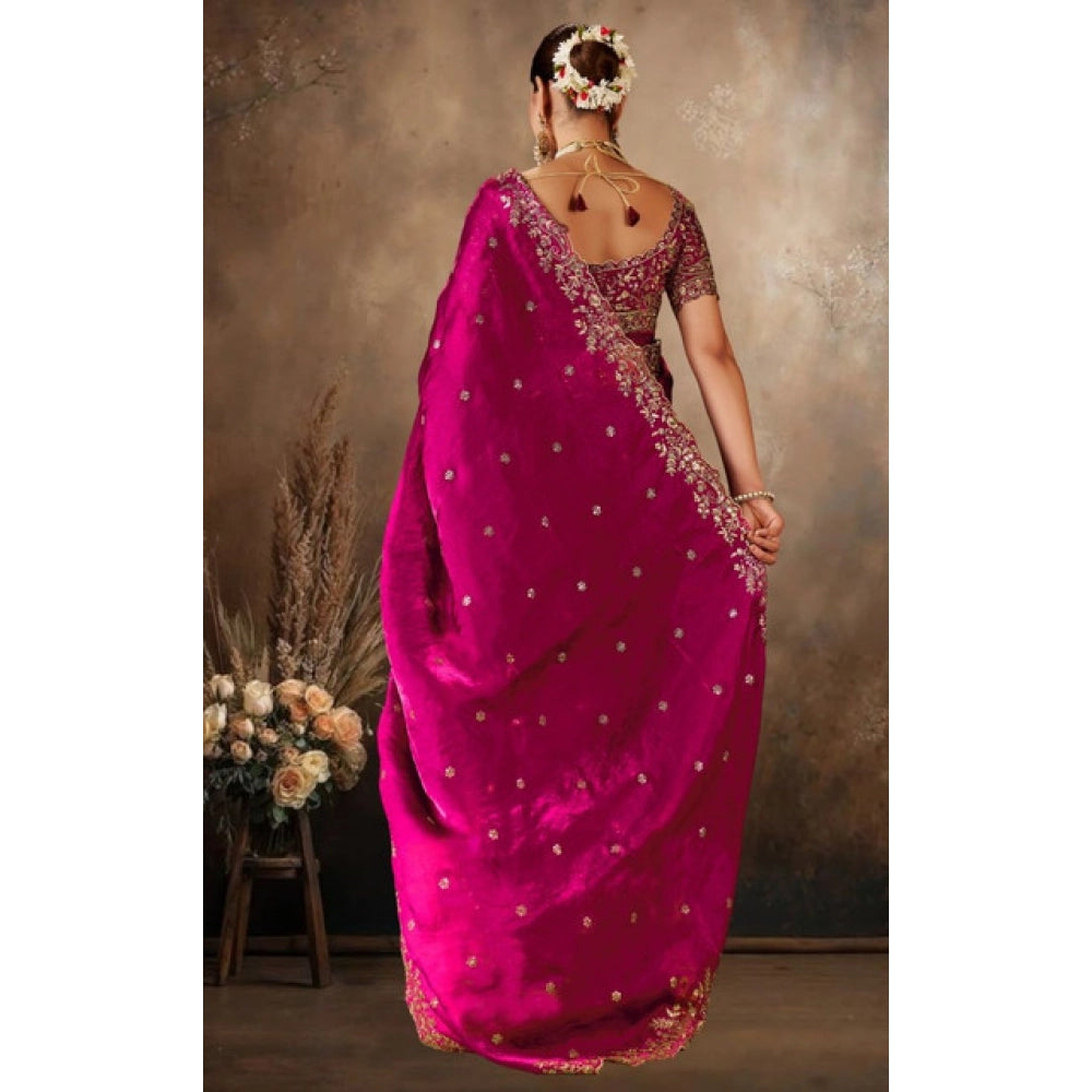 Generic Women's Silk Embroidered Saree With Unstitched Blouse 5.5Mtr (Pink)
