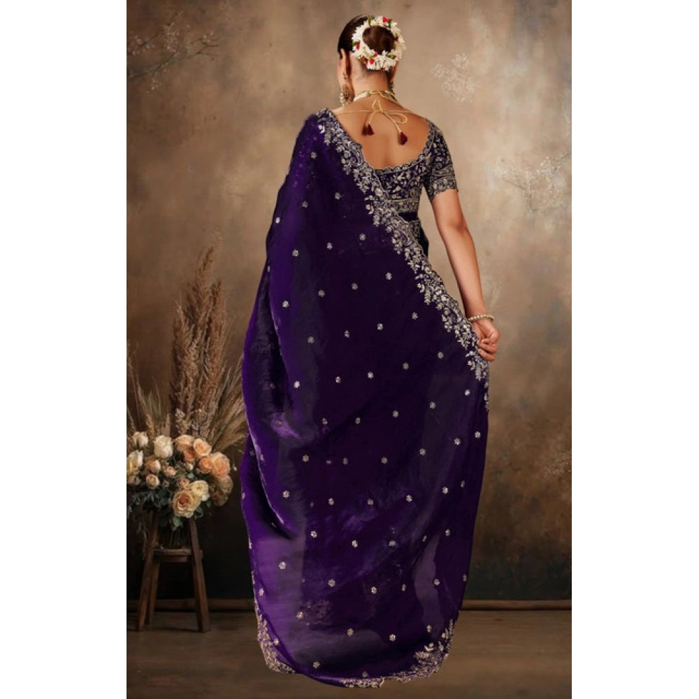 Generic Women's Silk Embroidered Saree With Unstitched Blouse 5.5Mtr (Purple)