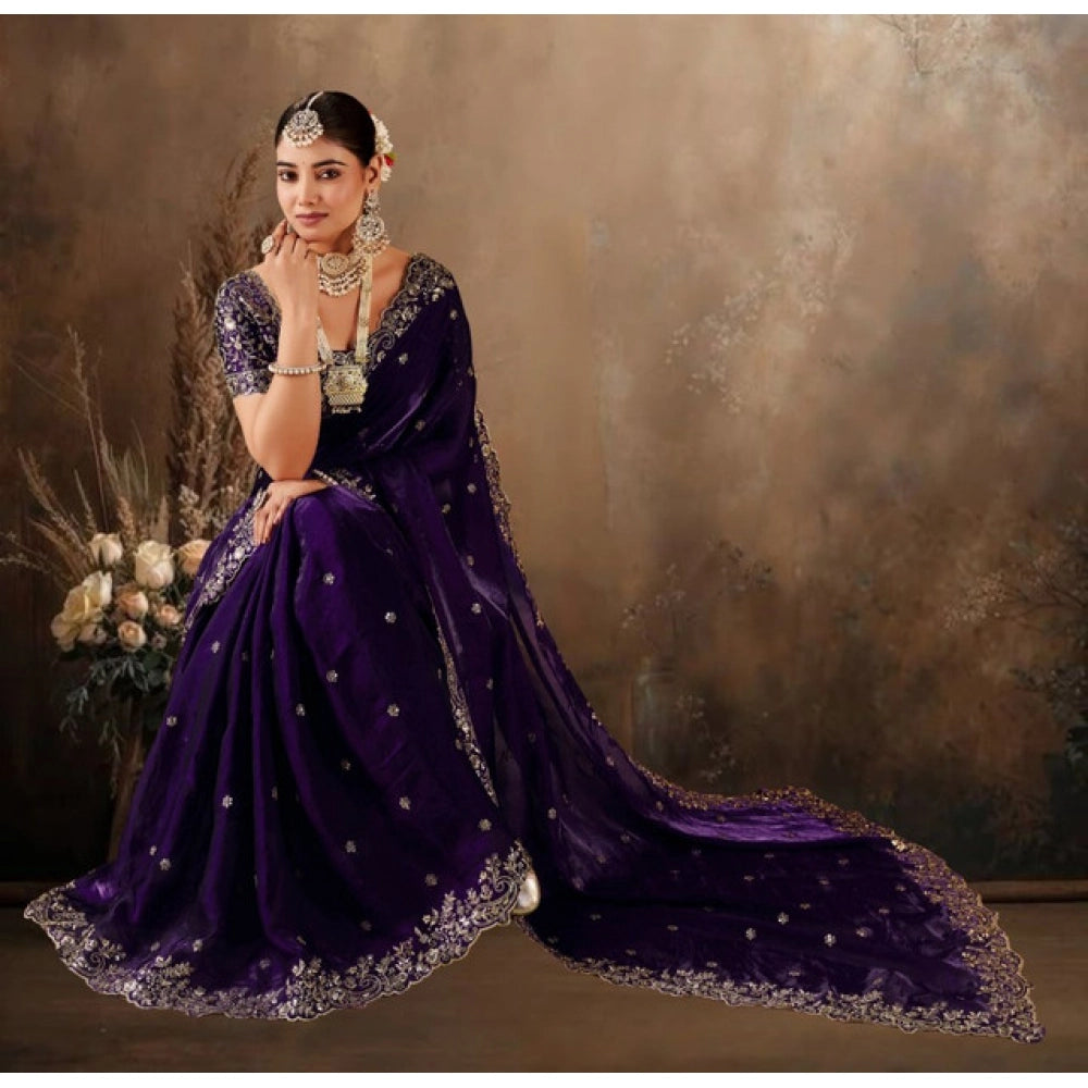 Generic Women's Silk Embroidered Saree With Unstitched Blouse 5.5Mtr (Purple)