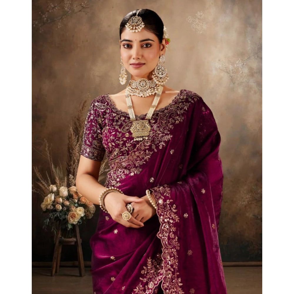 Generic Women's Silk Embroidered Saree With Unstitched Blouse 5.5Mtr (Wine)