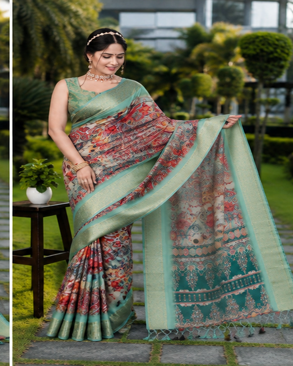 Women's Cotton Silk  Printed Saree With Unstitched Blouse 5.5Mtr (Light Green)