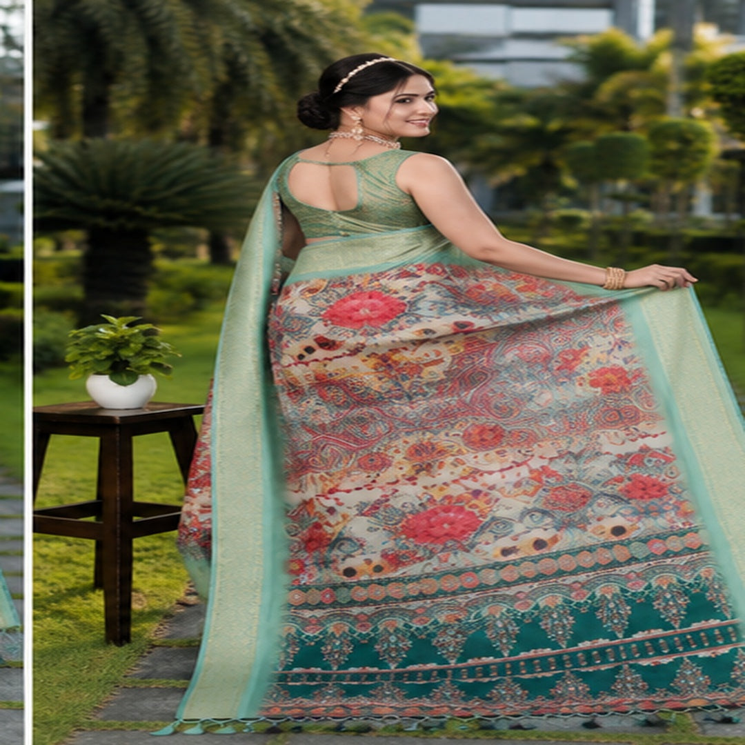 Women's Cotton Silk  Printed Saree With Unstitched Blouse 5.5Mtr (Light Green)