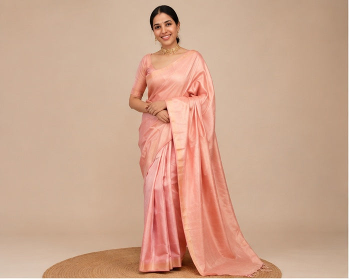 Women's Litchi silk Printed Saree With Unstitched Blouse (Peach)