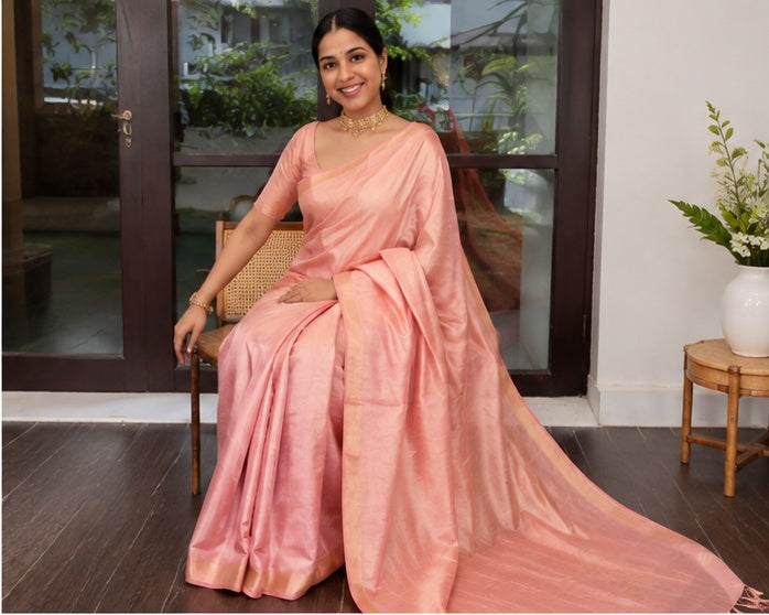 Women's Litchi silk Printed Saree With Unstitched Blouse (Peach)