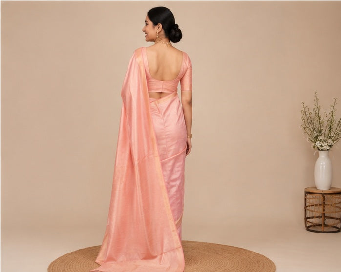 Women's Litchi silk Printed Saree With Unstitched Blouse (Peach)
