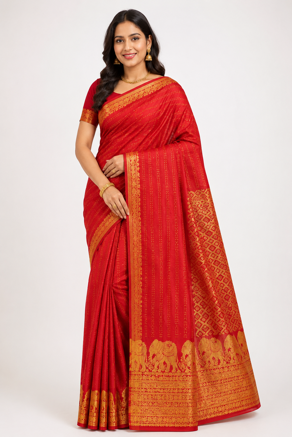 Women's Silk Printed Saree With Unstitched Blouse 5.5Mtr (Red)