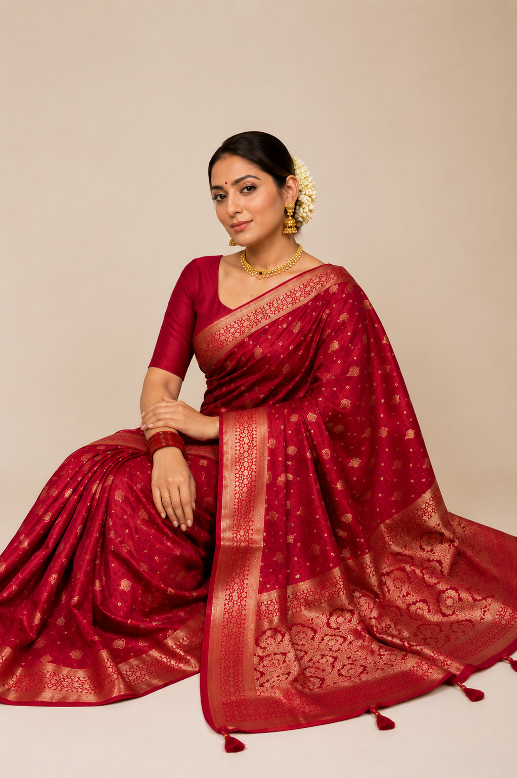 Women's Silk Printed Saree With Unstitched Blouse 5.5Mtr (Red)