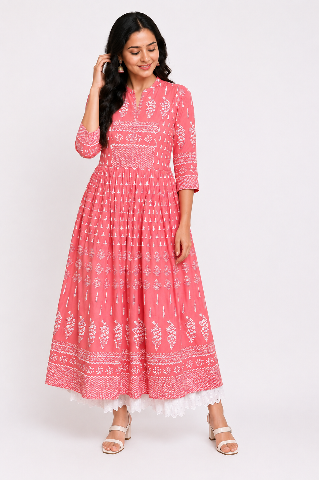 Women's Cotton Printed Regular Kurti (Peach, Cotton)