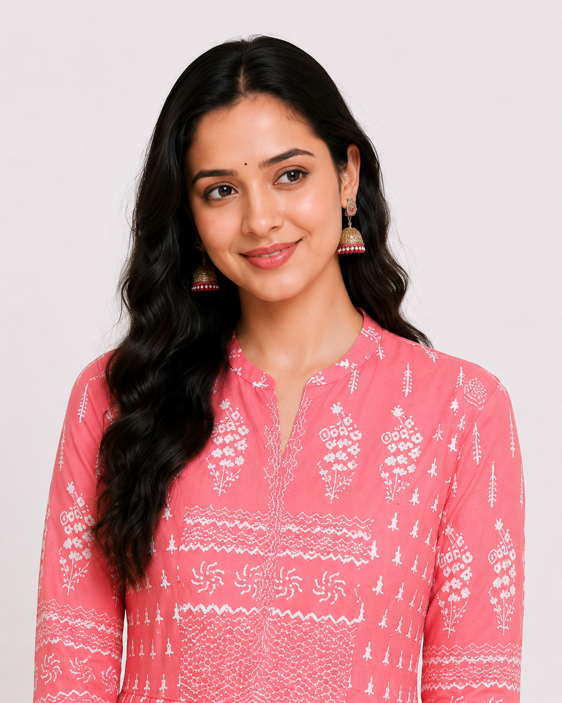 Women's Cotton Printed Regular Kurti (Peach, Cotton)