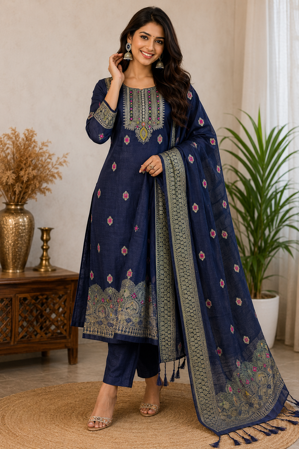 Women's Banarasi Silk Printed Unstitched Salwar Suit Material With Dupatta (Navy Blue, 3Mtrs)