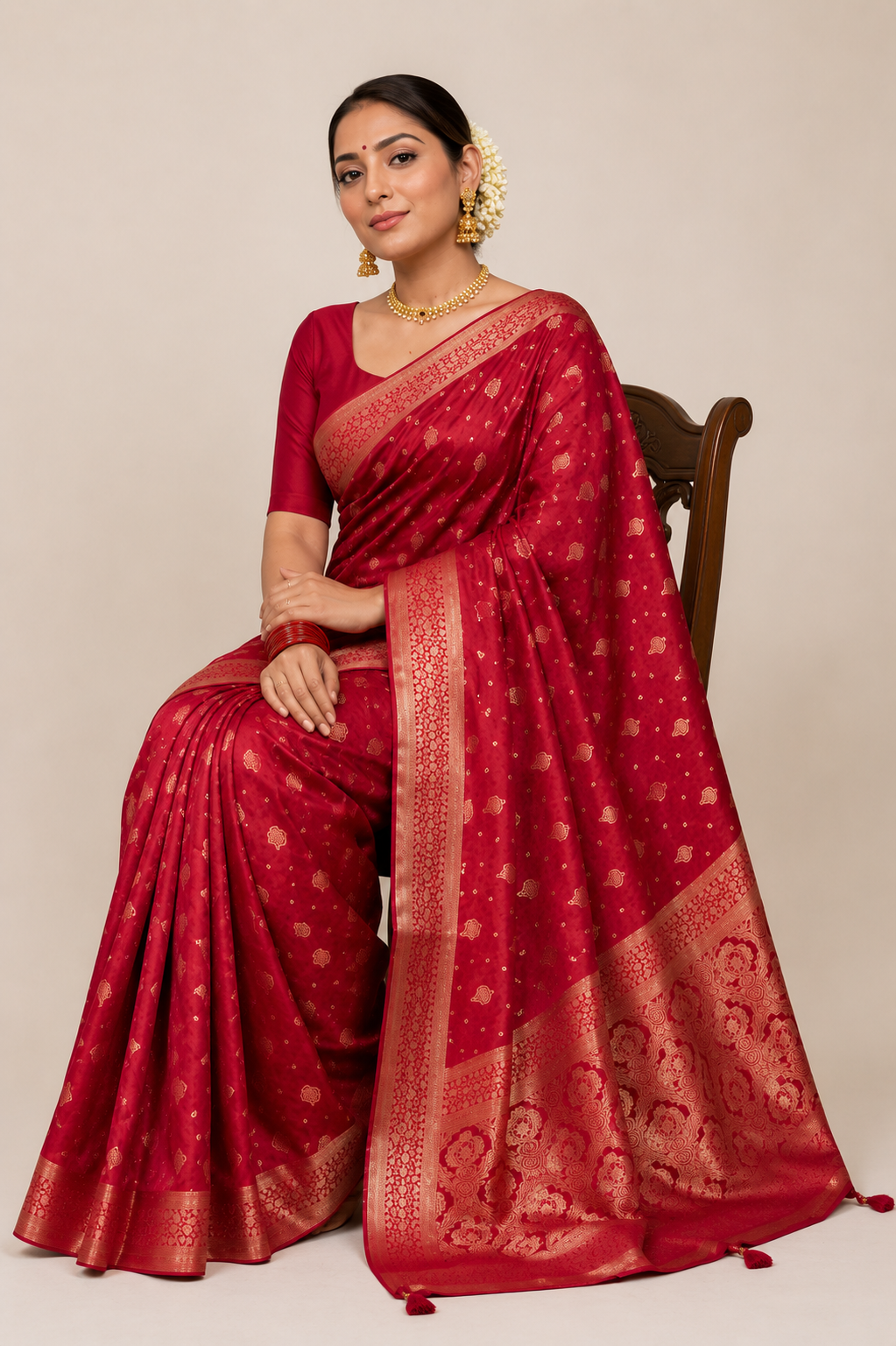 Women's Silk Printed Saree With Unstitched Blouse 5.5Mtr (Red)