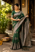 Women's Banarasi Silk Printed Saree With Unstitched Blouse 5.5Mtr (Dark Green)