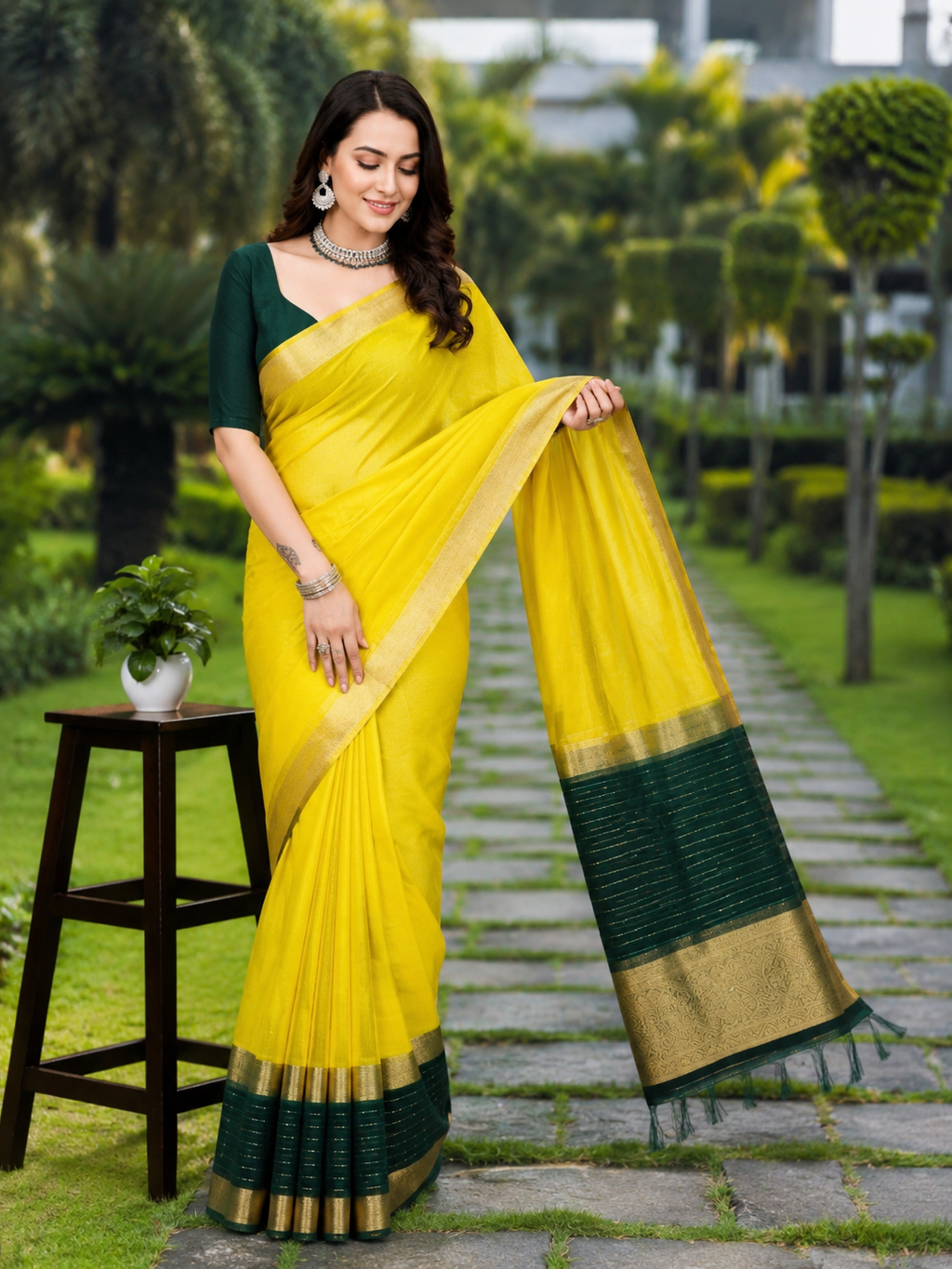 Women's Khadi Cotton  Solid Saree With Unstitched Blouse 5.5Mtr (Yellow)