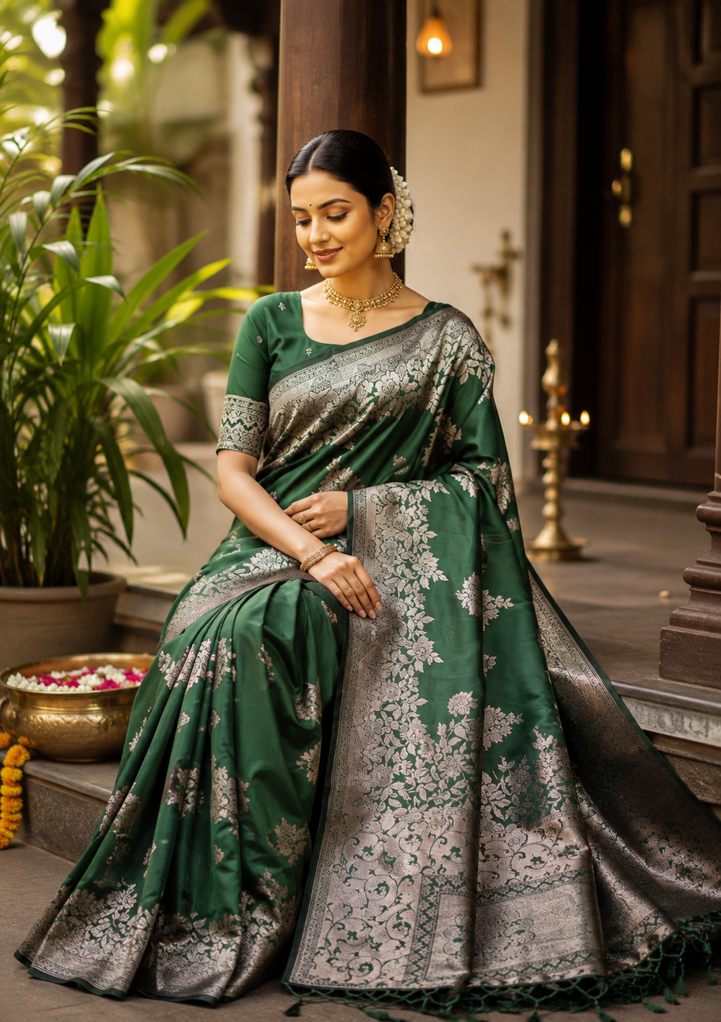 Women's Banarasi Silk Printed Saree With Unstitched Blouse 5.5Mtr (Dark Green)