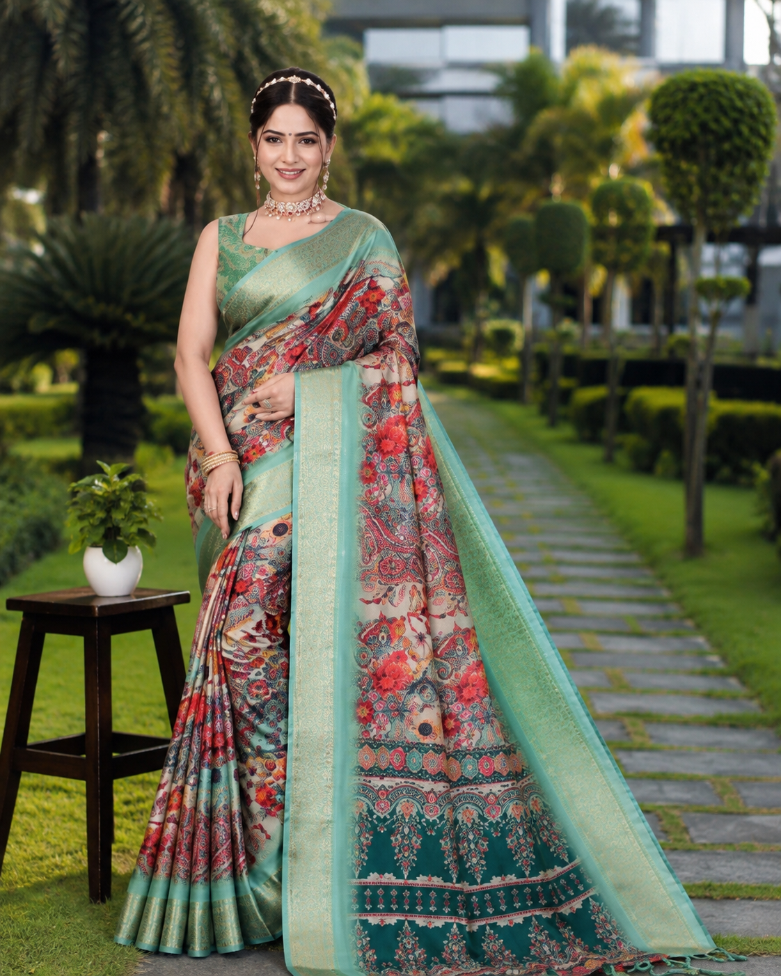 Women's Cotton Silk  Printed Saree With Unstitched Blouse 5.5Mtr (Light Green)