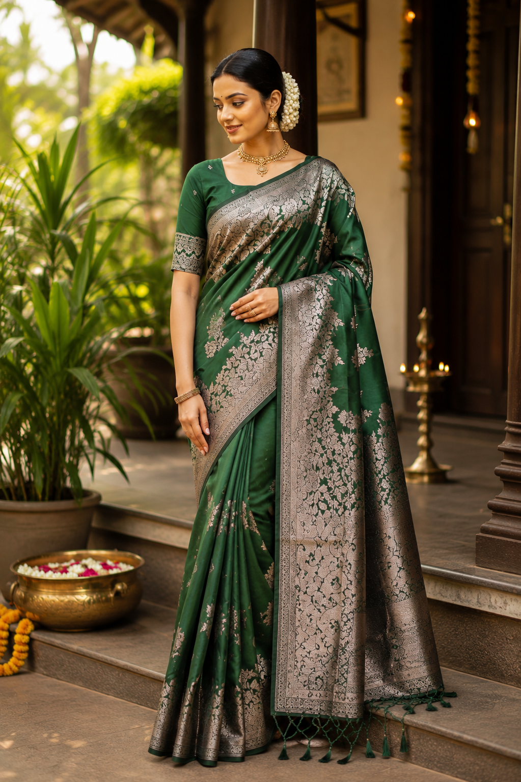 Women's Banarasi Silk Printed Saree With Unstitched Blouse 5.5Mtr (Dark Green)