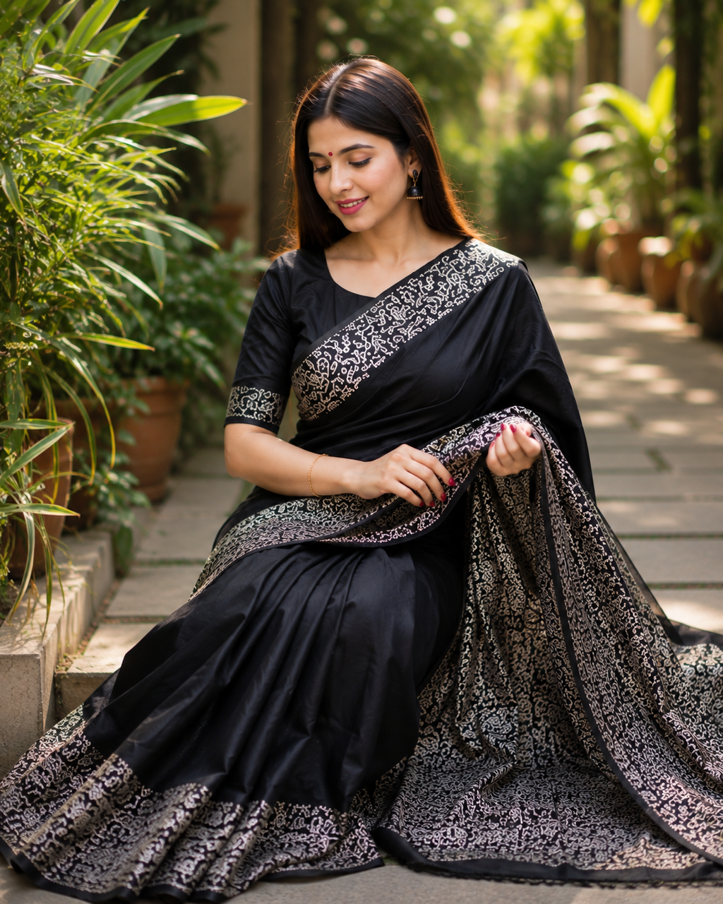 Women's Soft Lichi Silk Printed Saree With Unstitched Blouse 5.5Mtr (Black)