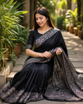 Women's Soft Lichi Silk Printed Saree With Unstitched Blouse 5.5Mtr (Black)