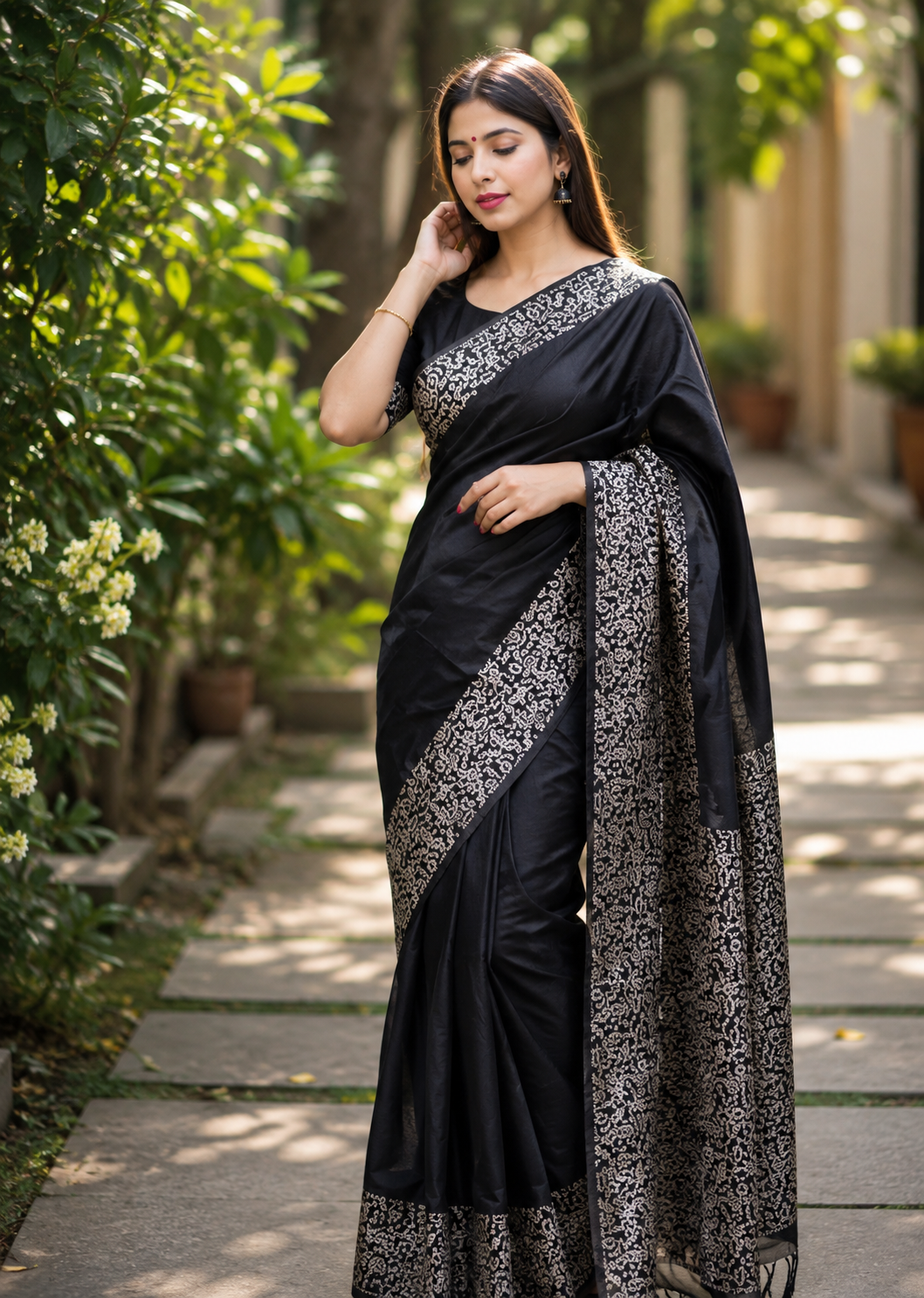 Women's Soft Lichi Silk Printed Saree With Unstitched Blouse 5.5Mtr (Black)