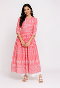 Women's Cotton Printed Regular Kurti (Peach, Cotton)