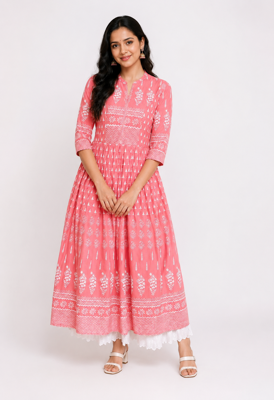 Women's Cotton Printed Regular Kurti (Peach, Cotton)