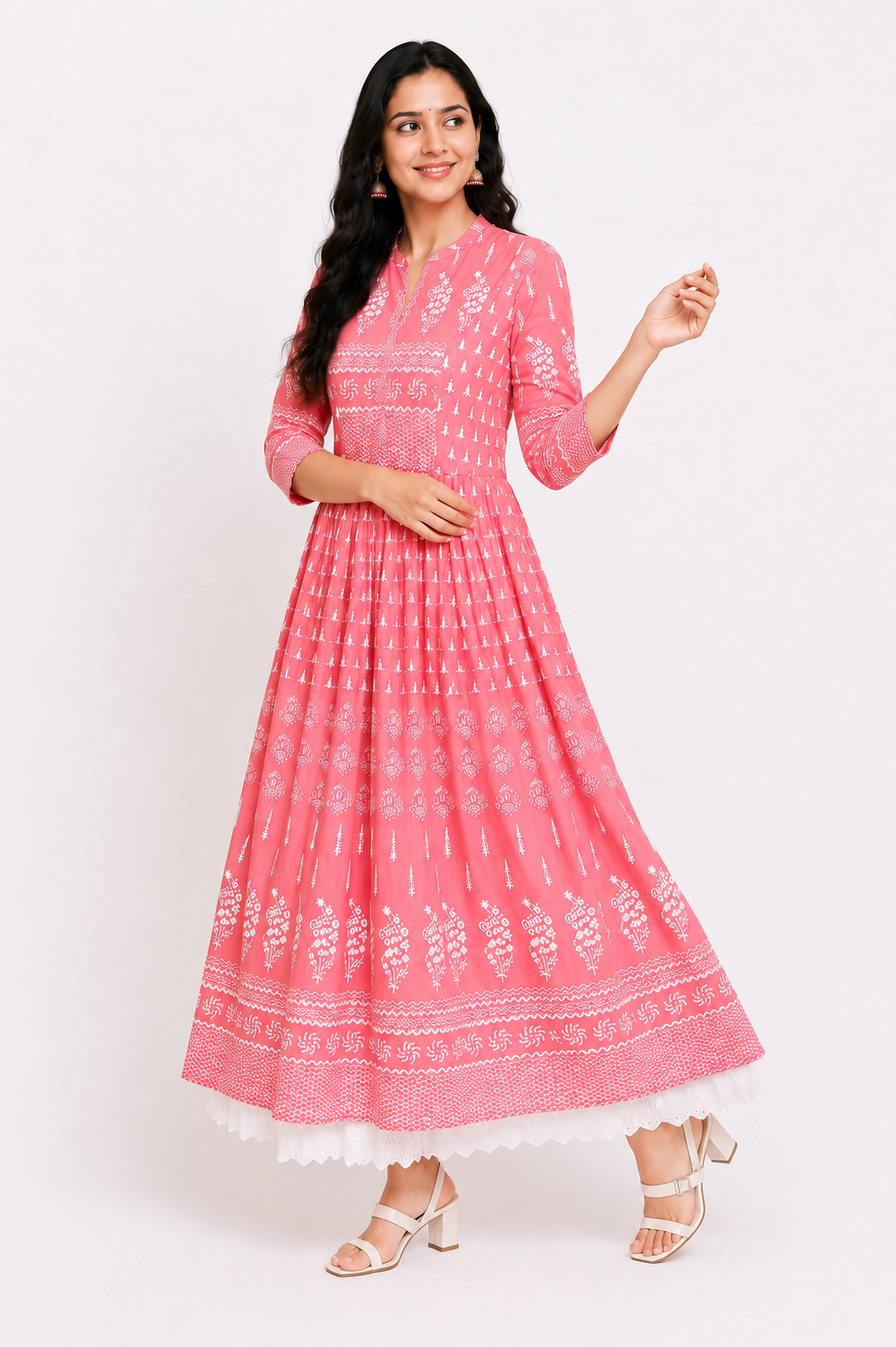Women's Cotton Printed Regular Kurti (Peach, Cotton)
