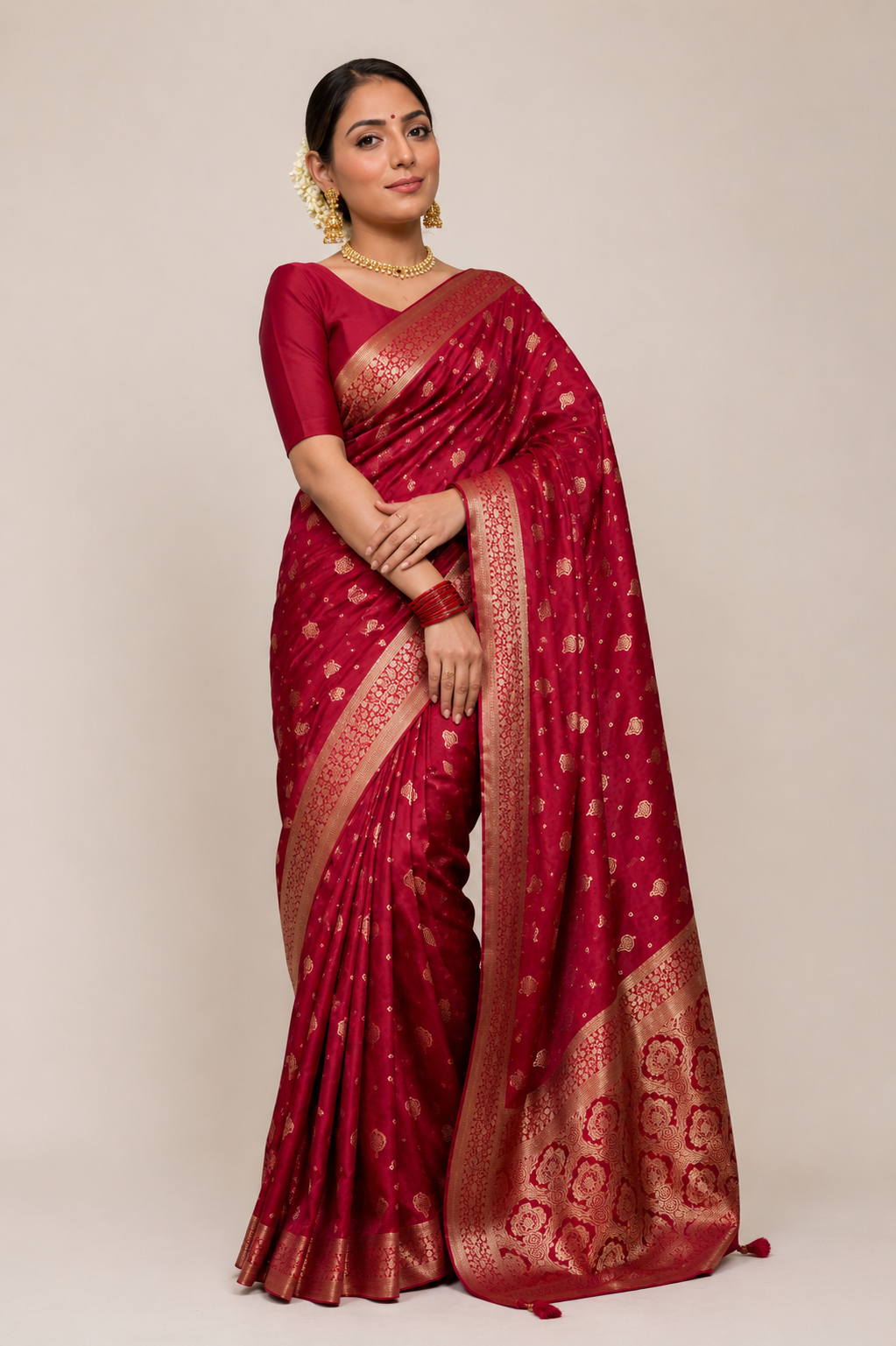 Women's Silk Printed Saree With Unstitched Blouse 5.5Mtr (Red)