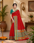 Women's Kota Doria Cotton Bordered Saree With Blouse (Red, 5-6 Mtrs)