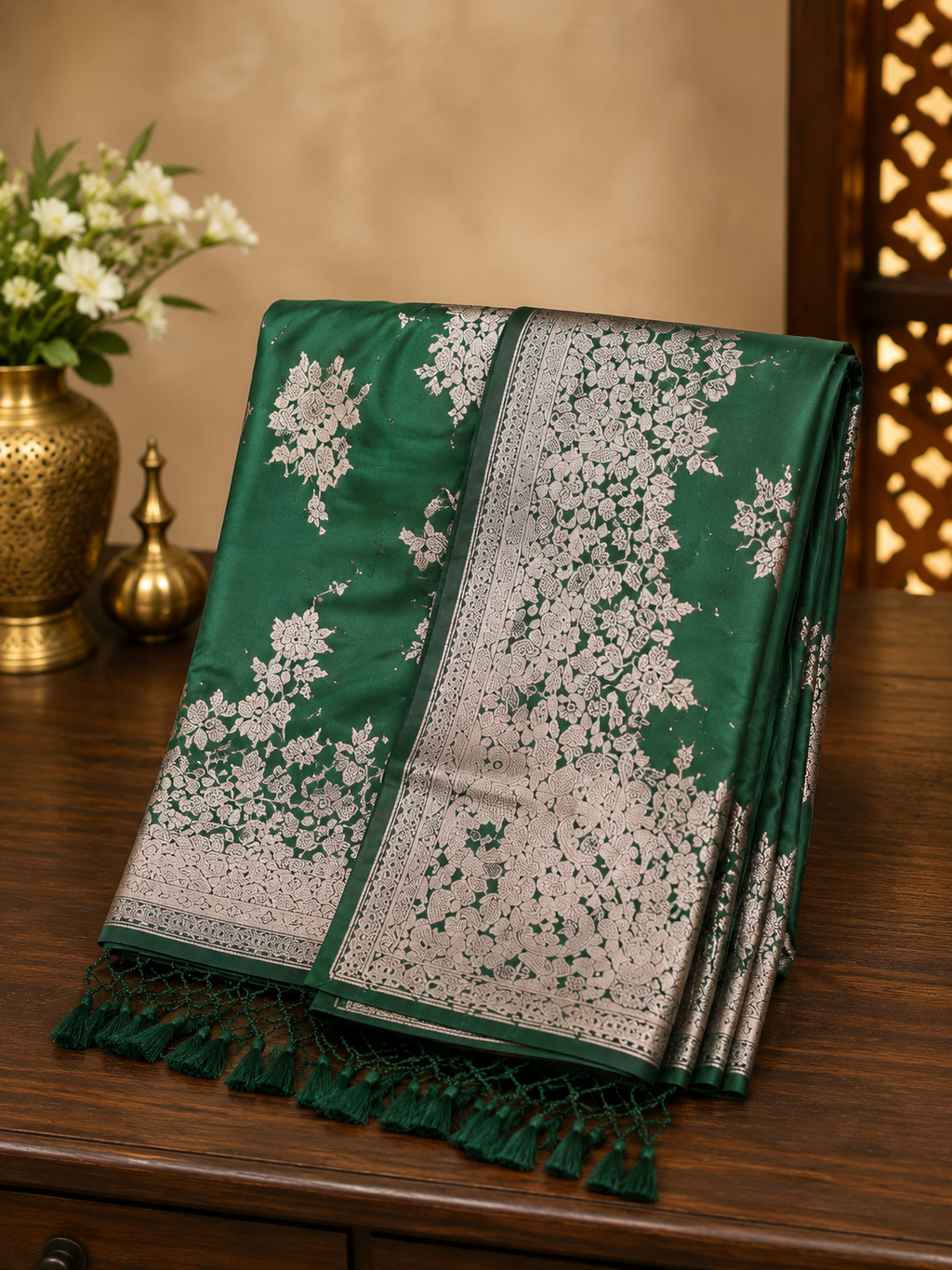 Women's Banarasi Silk Printed Saree With Unstitched Blouse 5.5Mtr (Dark Green)
