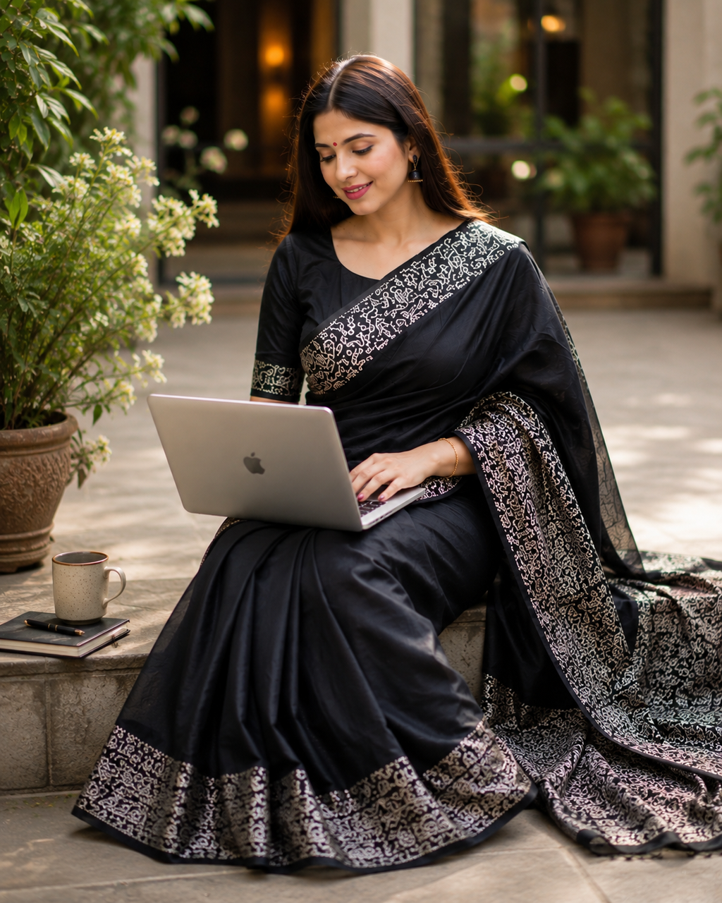 Women's Soft Lichi Silk Printed Saree With Unstitched Blouse 5.5Mtr (Black)