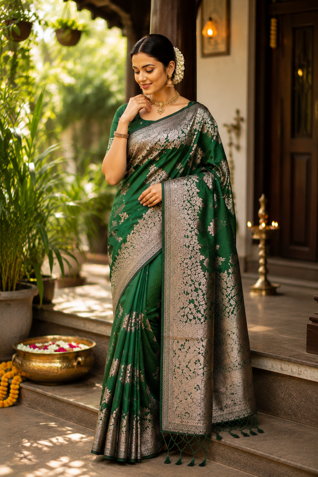 Women's Banarasi Silk Printed Saree With Unstitched Blouse 5.5Mtr (Dark Green)