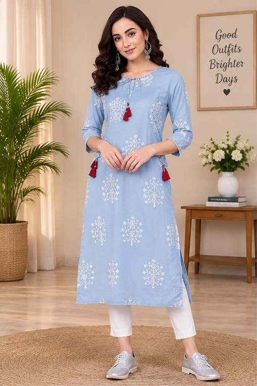 Women's Casual 3/4 th Sleeve Embroidery Cambric Cotton Kurti (Blue)
