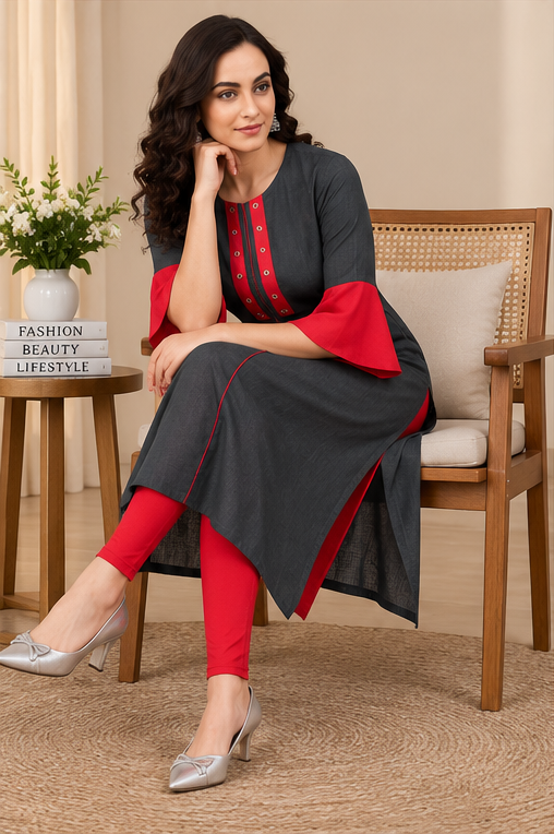 Women's Casual Bell Sleeves Mirror Work Cotton Slub Kurti (Grey)