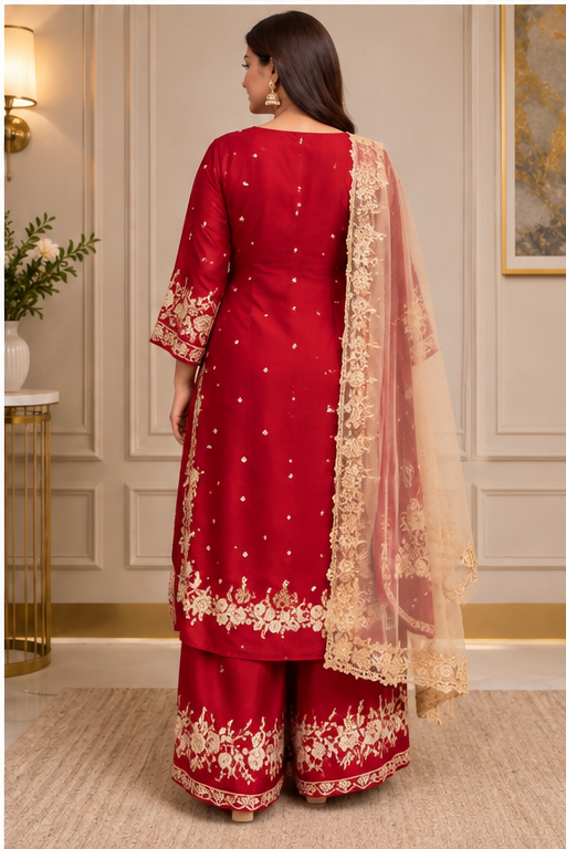 Women's Silk Embroidered 3/4th Sleeve Round Readymade Kurti With Palazzo Pant and Dupatta Set (Red)