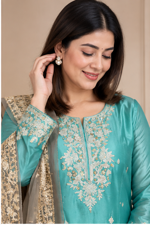 Women's Silk Embroidered 3/4th Sleeve Round Readymade Kurti With Palazzo Pant and Dupatta Set (Sea Green)