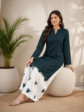 Teal Blue Solid Kurta with White Printed Palazzo Set