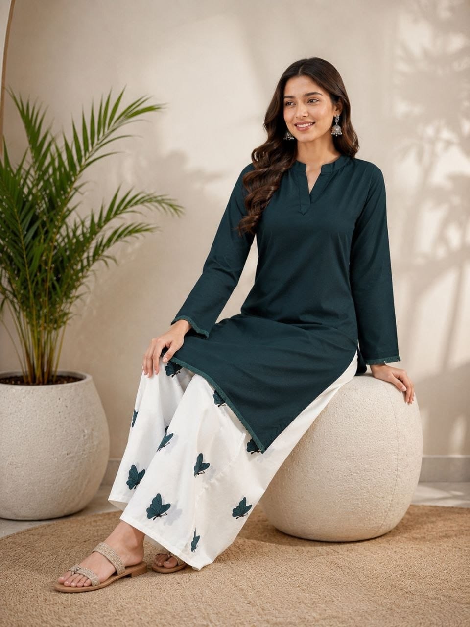 Teal Blue Solid Kurta with White Printed Palazzo Set