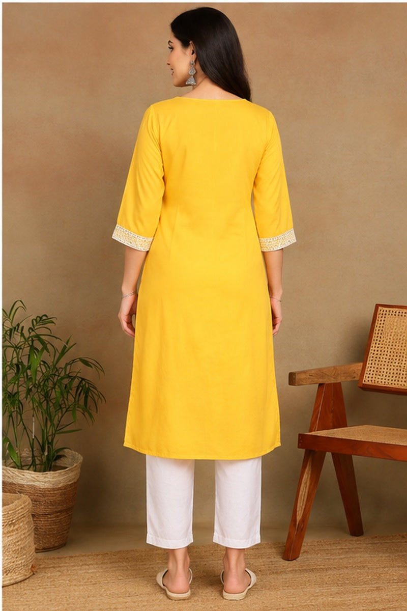 Women’s Mustard Yellow Rayon Solid Embroidered Kurti with Decorative Neckline