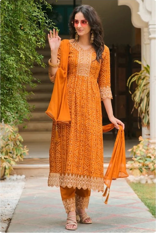 Women’s Orange Rayon Nyra Cut Bandhani Printed Kurti Set with Pant & Dupatta