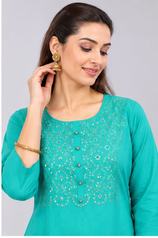 Women’s Cotton Blend Solid Kurta with Printed Yoke – Turquoise Blue