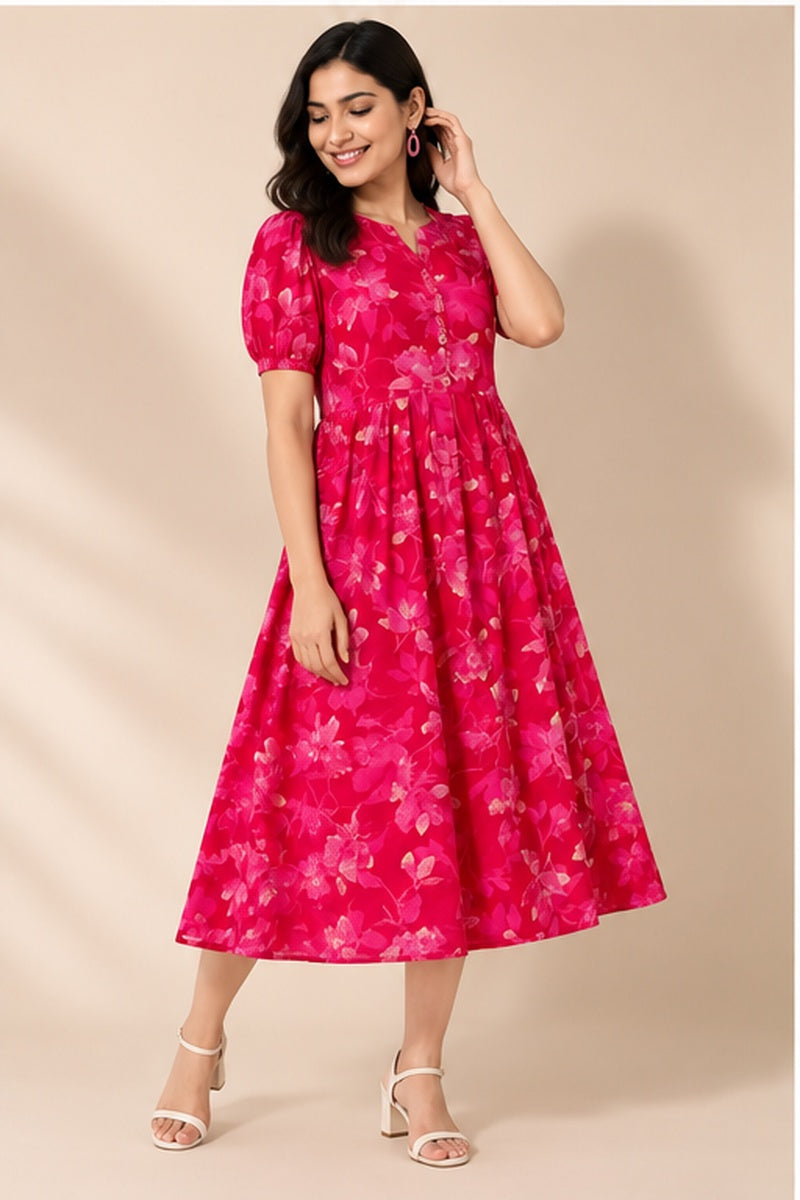 Women’s Pink Floral Printed Flared Dress