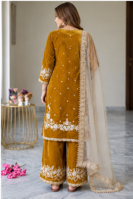 Women's Silk Embroidered 3/4th Sleeve Round Kurti With Palazzo Pant and Dupatta Set (Gold)
