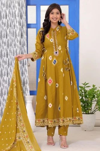 Mustard Yellow Embroidered Printed Kurta Set with Dupatta