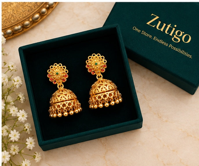 Traditional Gold-Finish Jhumka Earrings with Ruby & Green Detailing