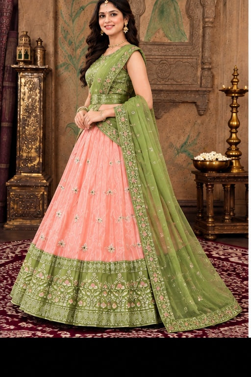 Embroidered Green & Peach Lehenga Choli Set with Dupatta for Women