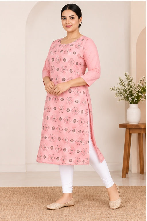 Women’s Pink Cotton Blend Printed Straight-Cut Kurti – Plus Size